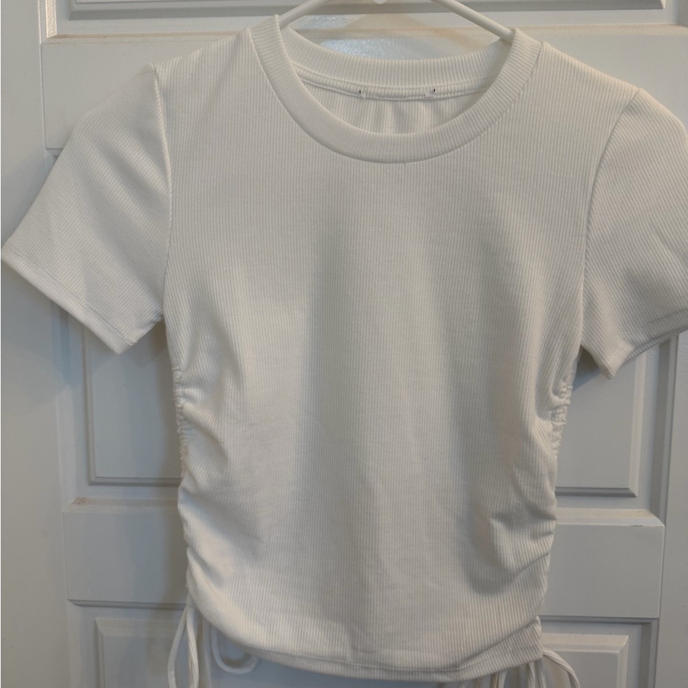 Zara White Ribbed cropped Short Sleeve Top